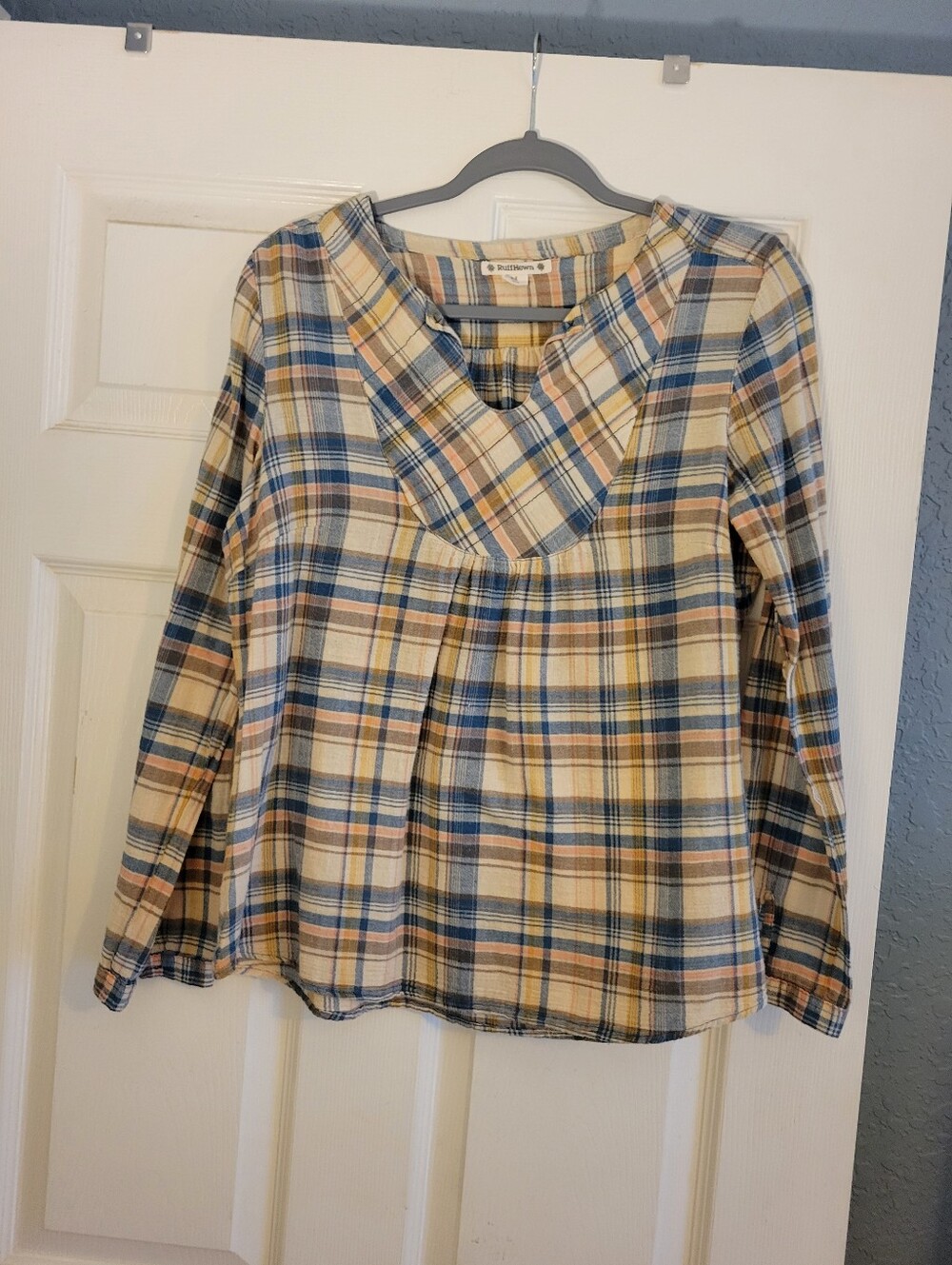 Ruffhewn Blue, Tan, Peach Plaid Tunic Blouse Women's Size Medium Roll Tab Sleeve